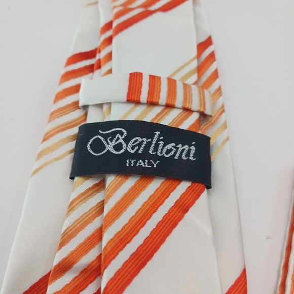 Berlioni Italy Striped Mens Tie & Pocket Square Orange White Set Microfiber 60” - Picture 10 of 10